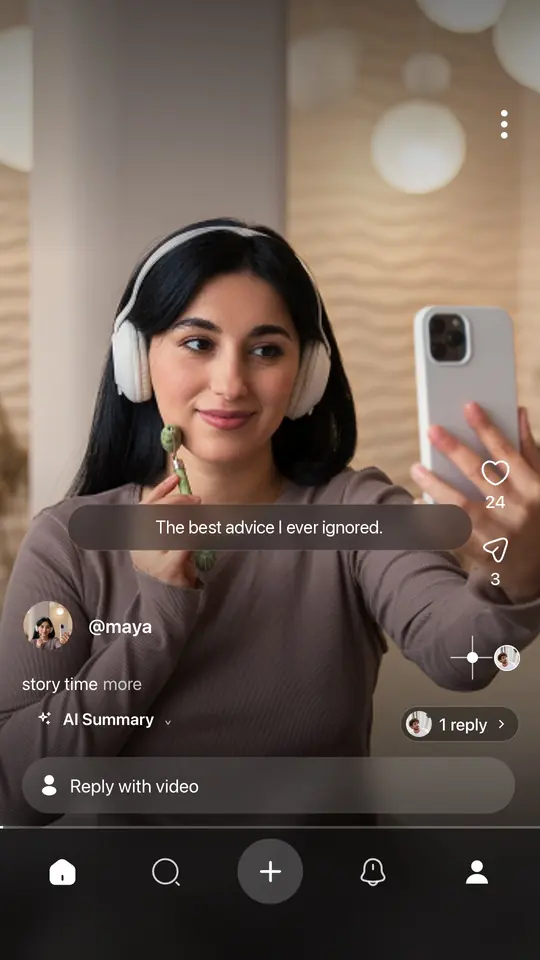 WeMotions app screen: @maya's video with the caption “The best advice I ever ignored.” and a 1 reply indicator.