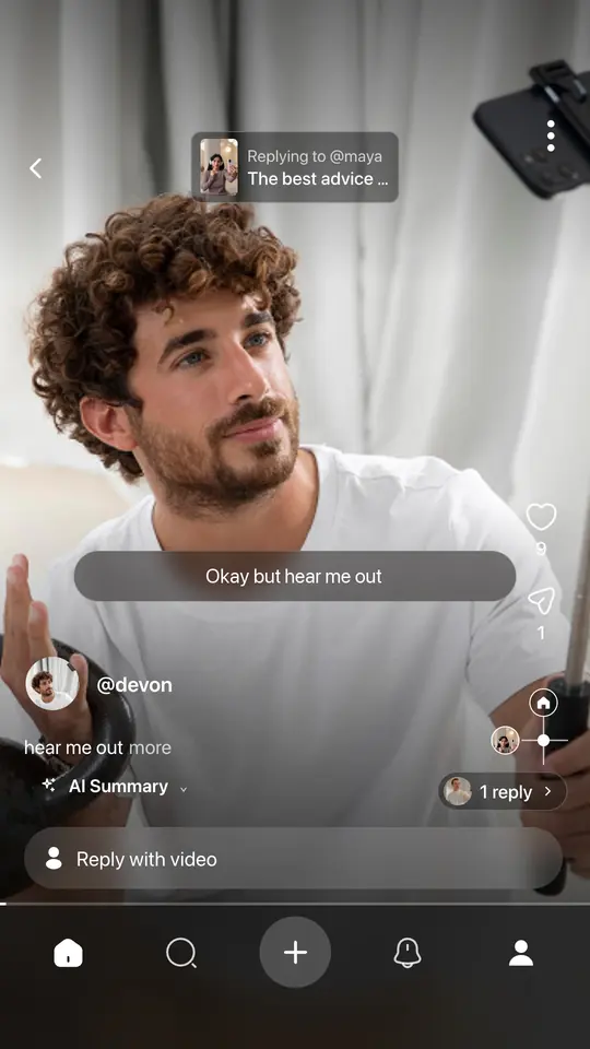 App screen: @devon's video, marked “Replying to @maya”.